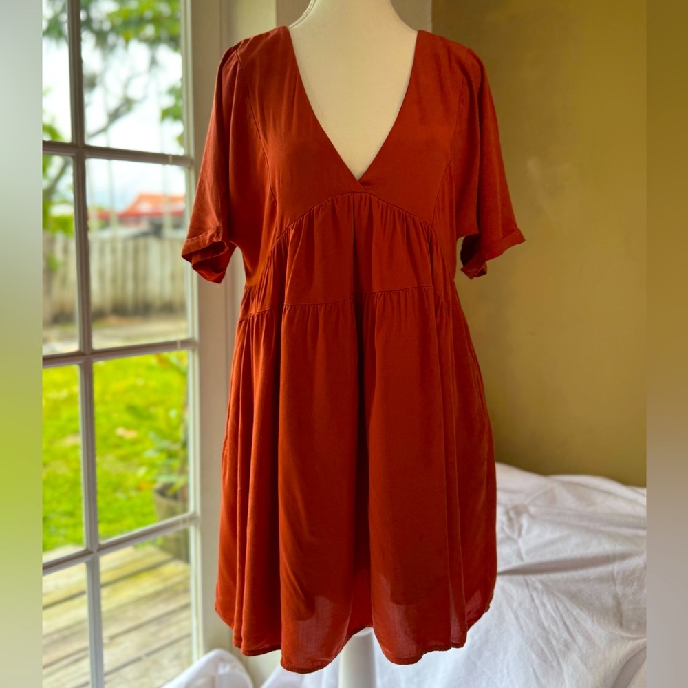 Bohemian/Babydoll low V-Neck Dress, Color: Rust